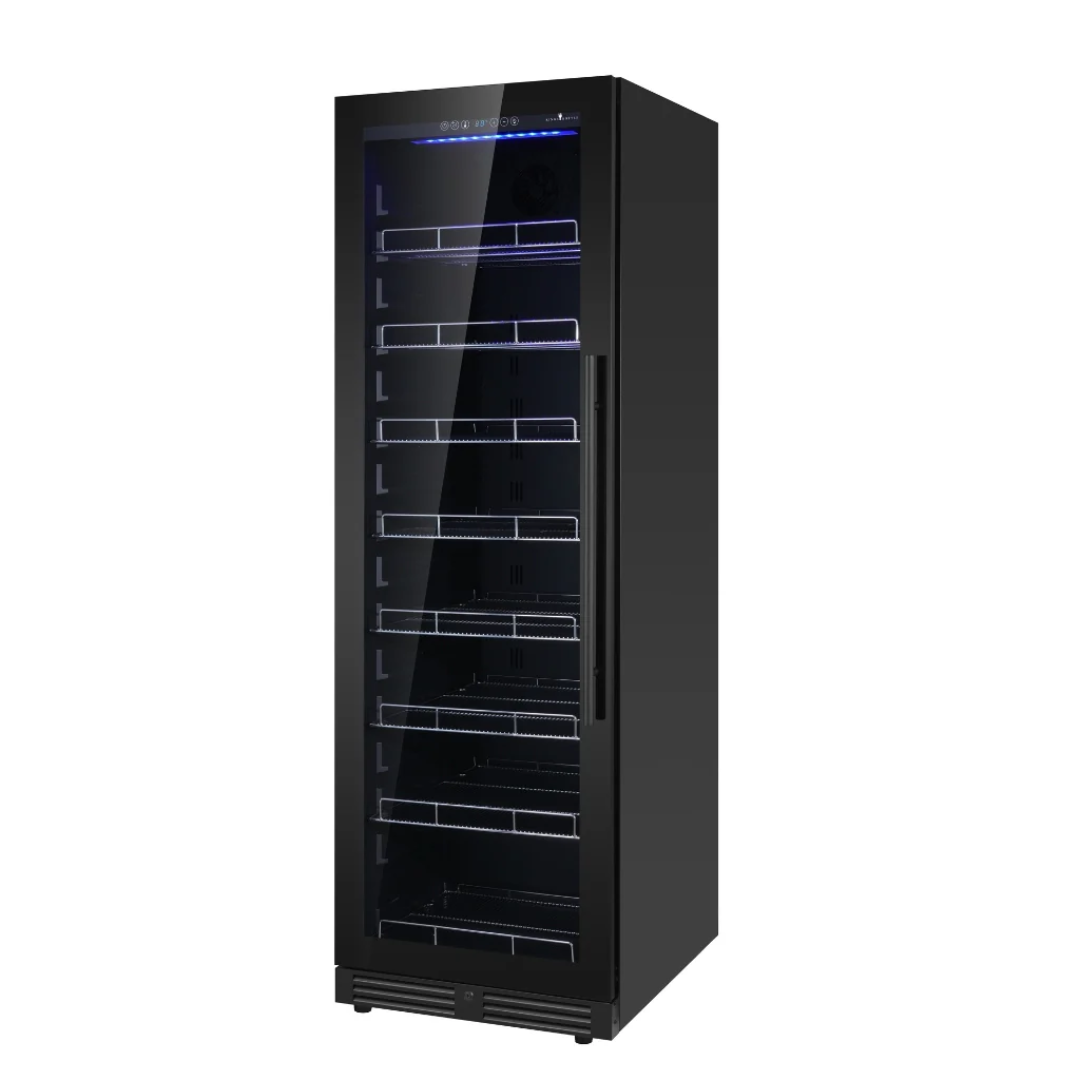 KB425BX-FGLHH tall freestanding single-door glass wine cooler refrigerator, black cabinet with adjustable chrome shelves and blue LED interior lighting for home bar or commercial display