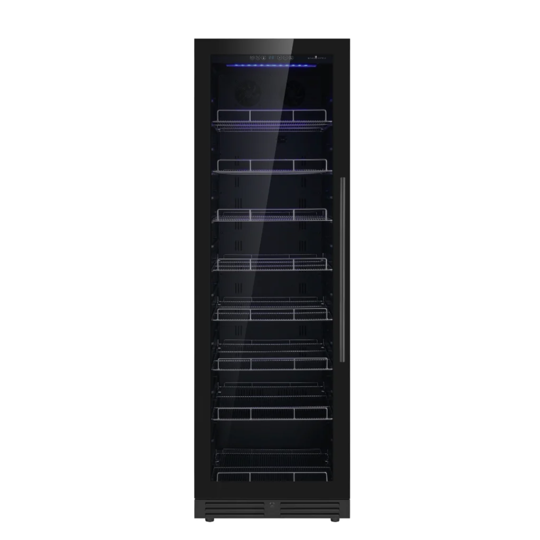 KB425BX-FGLHH tall black glass-door upright wine refrigerator cooler with digital touch controls, blue LED interior lighting, stainless handle and multiple adjustable wire shelves for bottle storage
