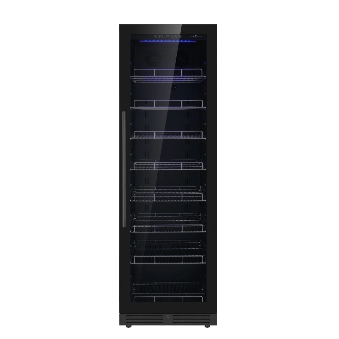 KB425BX tall narrow glass-door wine cooler 12-shelf freestanding beverage refrigerator with blue LED and touch controls for home bar
