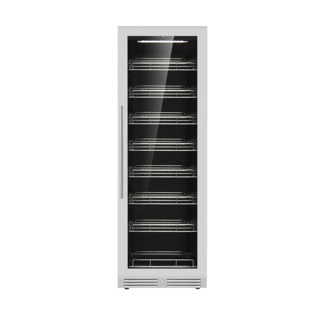 KB425BX-SSRHH tall single-door glass beverage cooler — stainless-steel trimmed wine fridge with LED interior light, black interior, adjustable chrome wire shelves, vertical bar handle and front bottom vent, commercial display refrigerator for home bar or restaurant