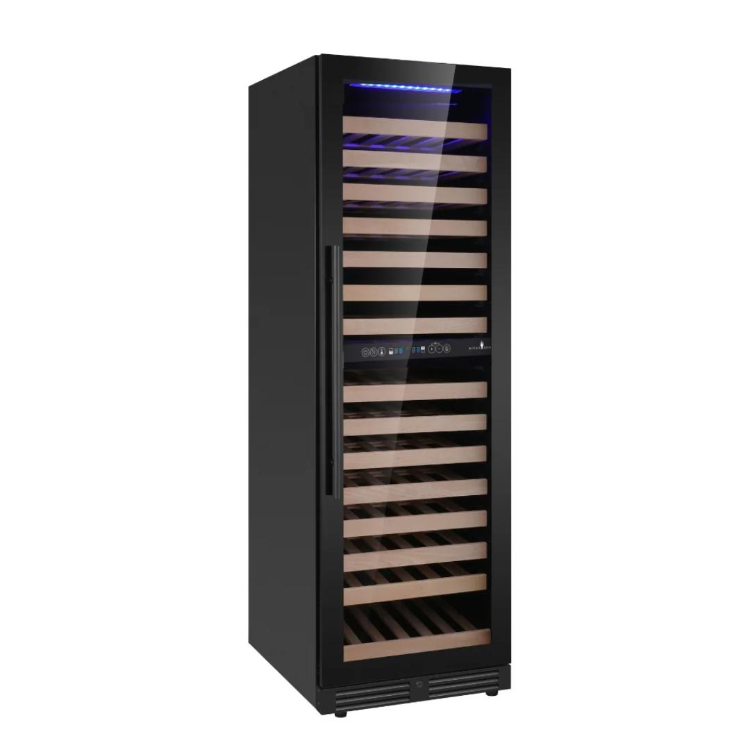 KB425DX-FG tall single-door dual-zone wine cooler with black glass door, wooden slide-out shelves and digital touch controls