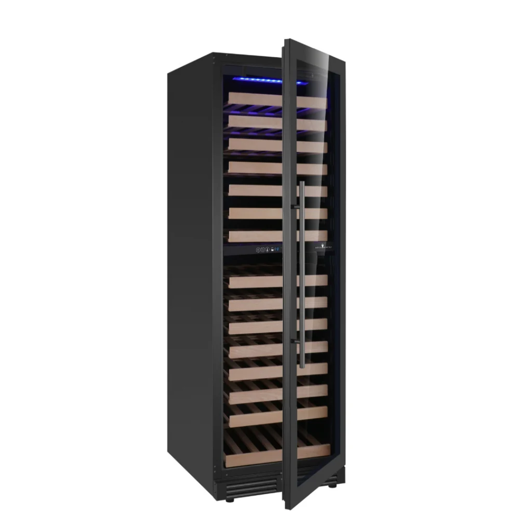 KB425DX-FG right-hinged built-in glass-door wine refrigerator open showing black stainless exterior, full-length handle, wooden wine racks and blue LED interior lighting VineandFlame