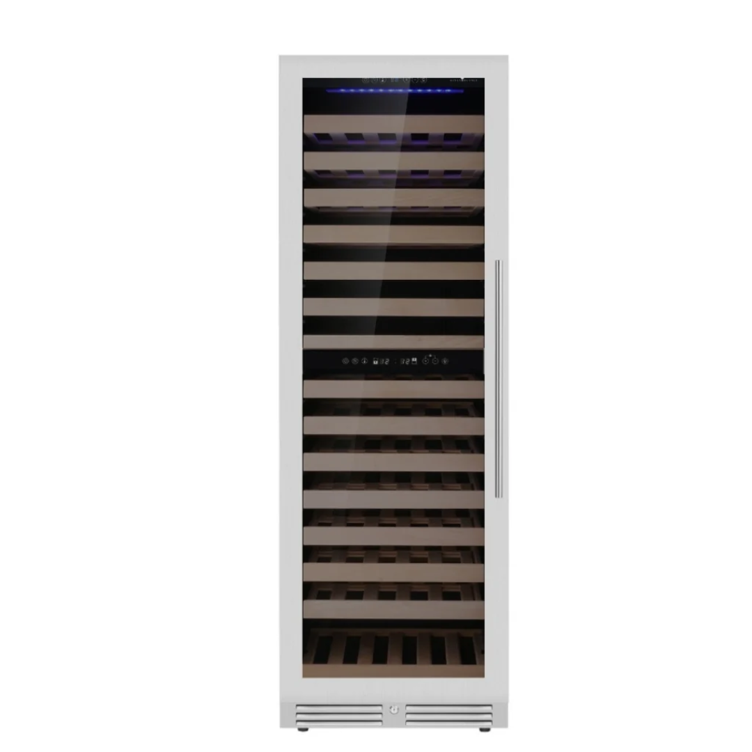 KB425DX-SSLHH stainless steel glass-door wine cooler, tall built-in wine refrigerator with wooden shelves, center digital touch controls and blue LED interior light