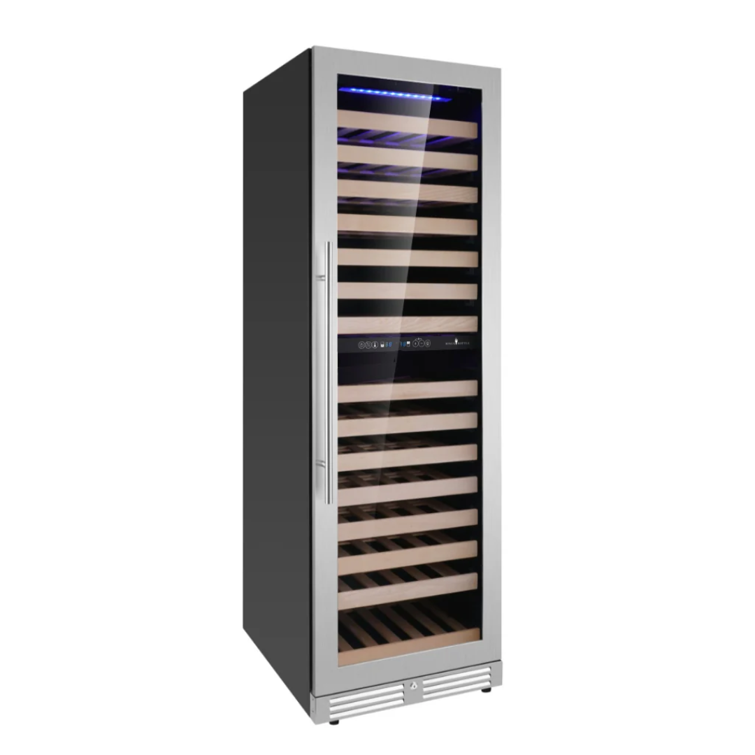 KB425DX-SS right-hinged front-vented stainless steel tall wine cooler with glass door, natural wood shelves, blue LED lighting and digital touch controls