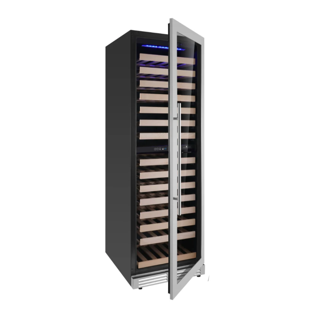 KB425DX-SS right-hinge stainless-steel trim built-in wine cooler with glass door, wooden shelves, blue LED lighting and digital temperature control