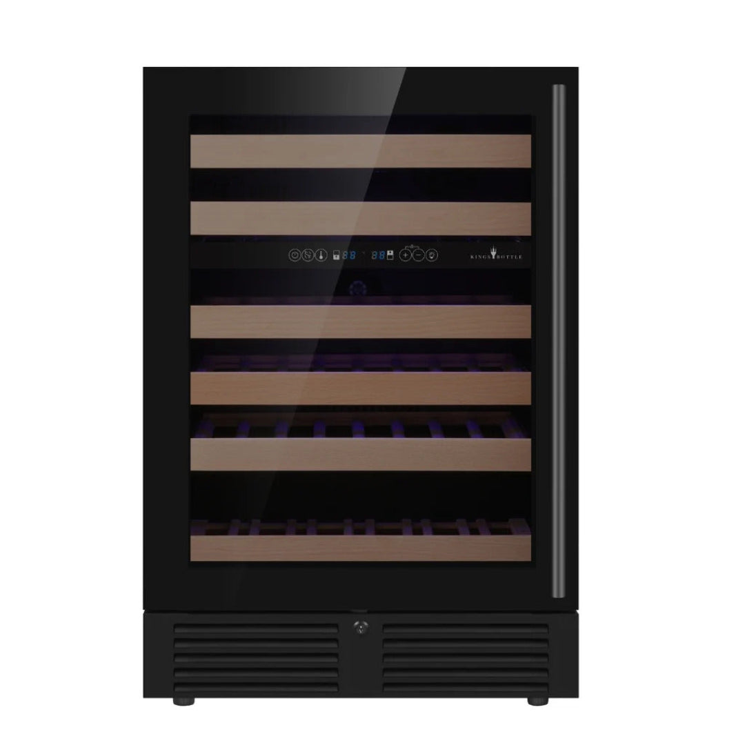KBU145DX-FGLHH built-in undercounter dual-zone wine cooler with black stainless framed glass door, right-hand tubular handle, sliding wooden shelves, digital touch controls, LED lighting and lockable vented base