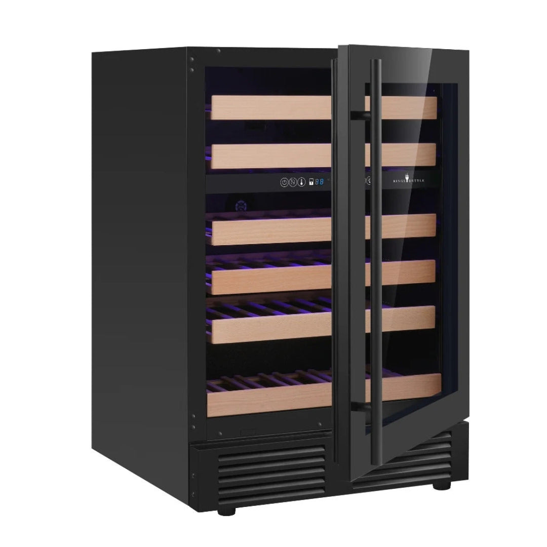 KBU145DX-FGRHH built-in dual-zone undercounter wine cooler fridge with black tempered glass door, stainless handle, natural wood slide-out shelves, touch controls and blue LED interior lighting
