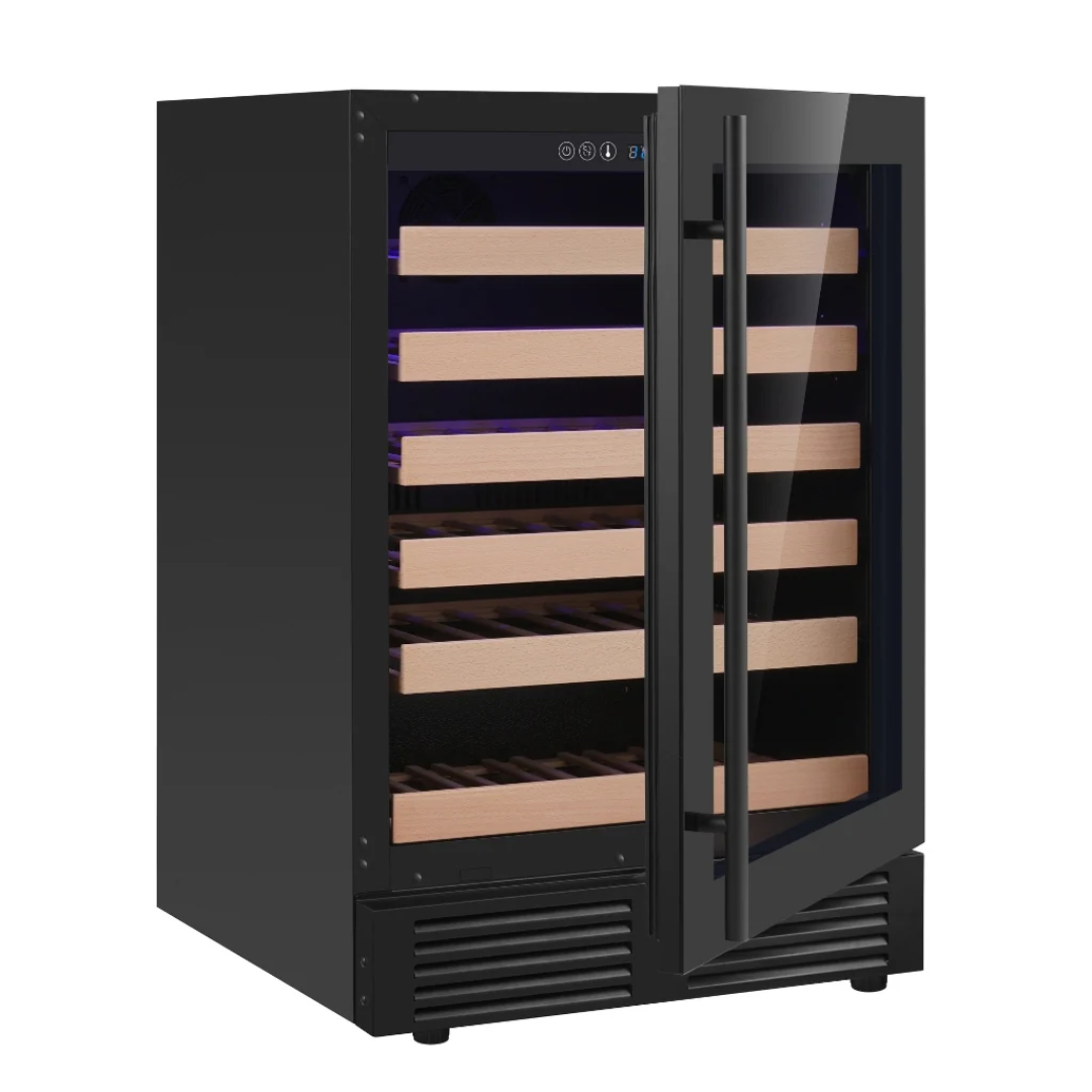 KBU145WX-FGRHH built-in undercounter wine cooler with black glass door, vertical bar handle, wooden slide-out shelves, blue LED interior lighting and digital touch controls