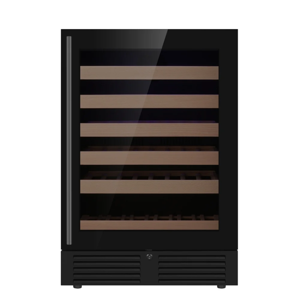 Built-in undercounter wine fridge KBU145WX-FGRHH — black glass door wine cooler with vertical stainless handle, wooden slide-out shelves, front vent and key lock for home bar and kitchen