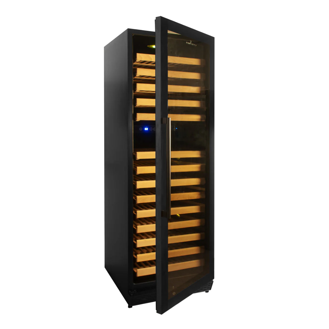 KBU170DX freestanding 170-bottle wine refrigerator with black glass door, stainless-steel handle, wooden slide-out shelves, amber LED interior lighting and digital temperature controls