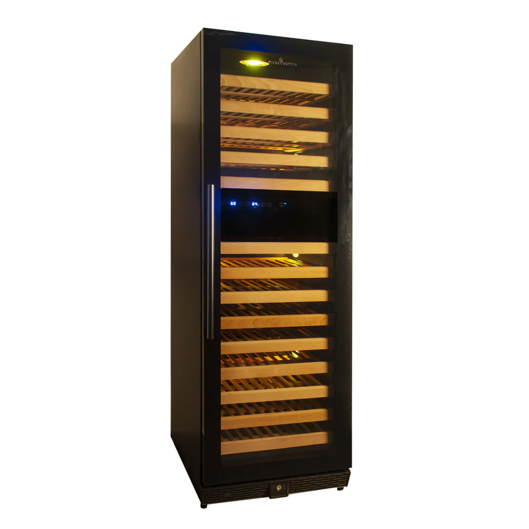 KBU170DX-FGRHH2 170-bottle tall freestanding glass-door wine cooler and refrigerator with wooden shelves, digital temperature control, stainless handle and amber LED interior lighting for home bar and wine cellar