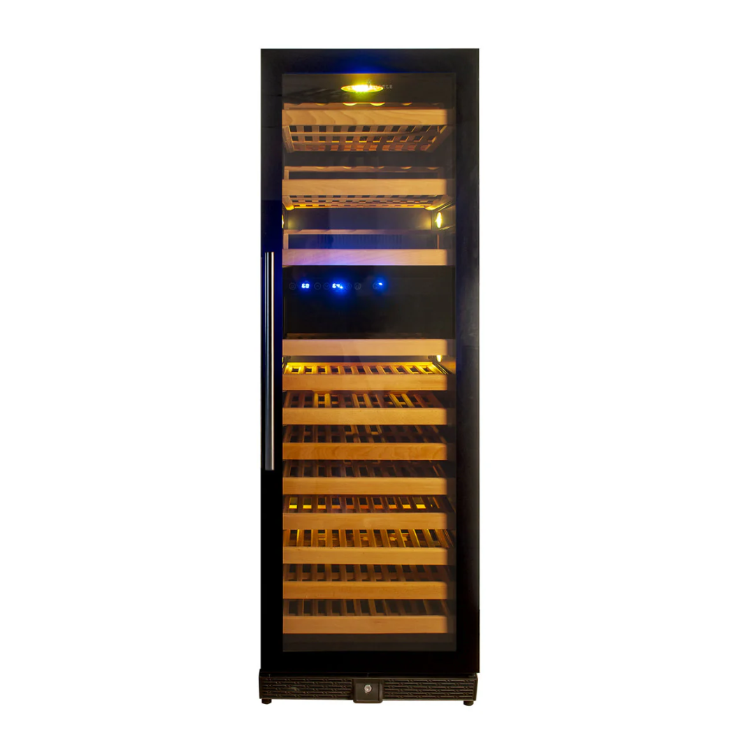 KBU170DX 170-bottle dual-zone wine refrigerator with black glass door, vertical stainless handle, sliding wooden shelves, amber LED interior lighting and blue digital temperature display