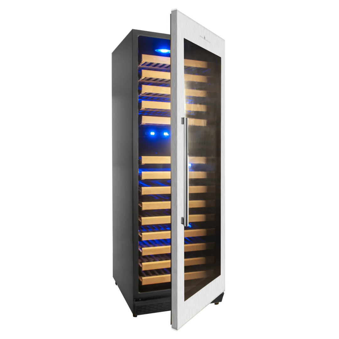 KBU170DX-SSRHH2 170-bottle stainless steel glass-door freestanding wine cooler with wood shelves and blue LED interior lighting