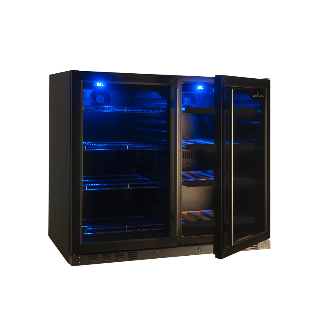 KBU28LRX 28 inch undercounter built-in dual-zone wine and beverage cooler with blue LED interior lighting, glass doors, wire shelves and wood wine racks