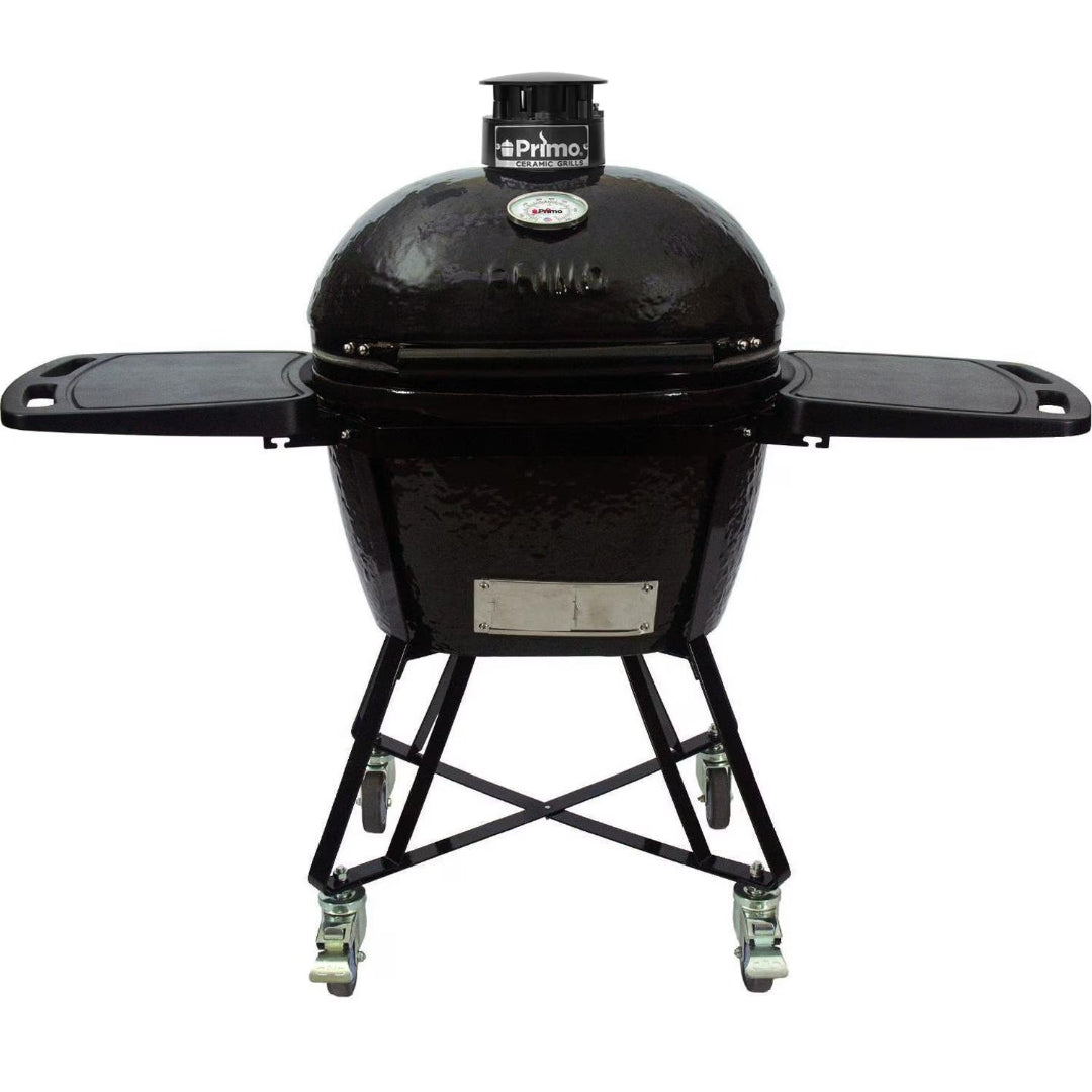 Primo L300 All-In-One black ceramic kamado grill with dome thermometer, top vent, folding side shelves and wheeled cart with locking casters — outdoor charcoal smoker and grill