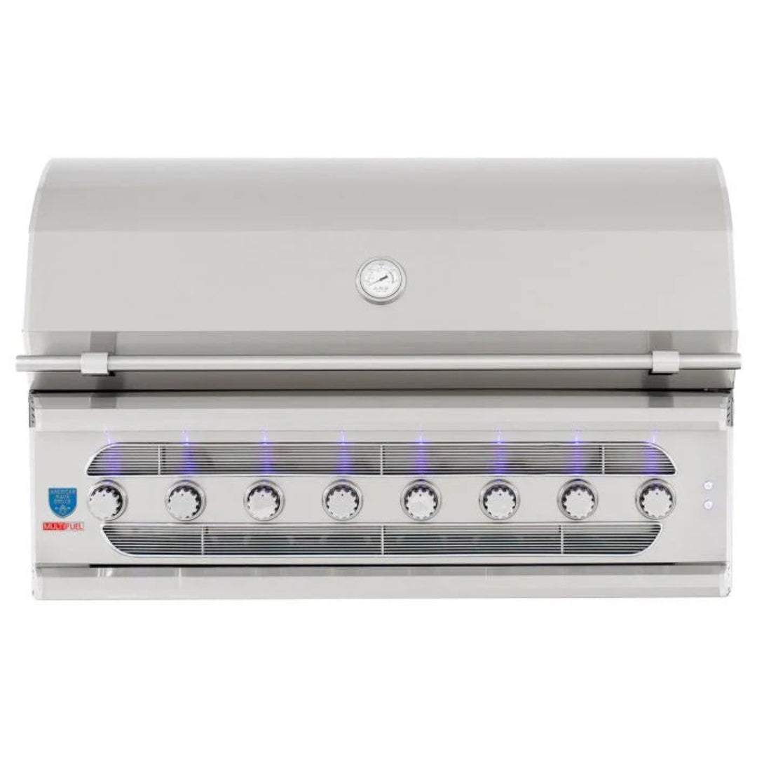 built-in grill american made grills muscle 54 inch natural gas model with lid closed and blue led control knobs