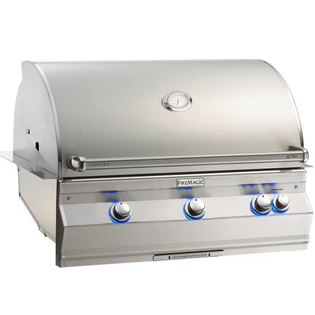 FireMagic Aurora A790I-7EAN built-in stainless steel gas grill head with thermometer and blue LED control knobs for drop-in outdoor kitchens - Vine & Flame