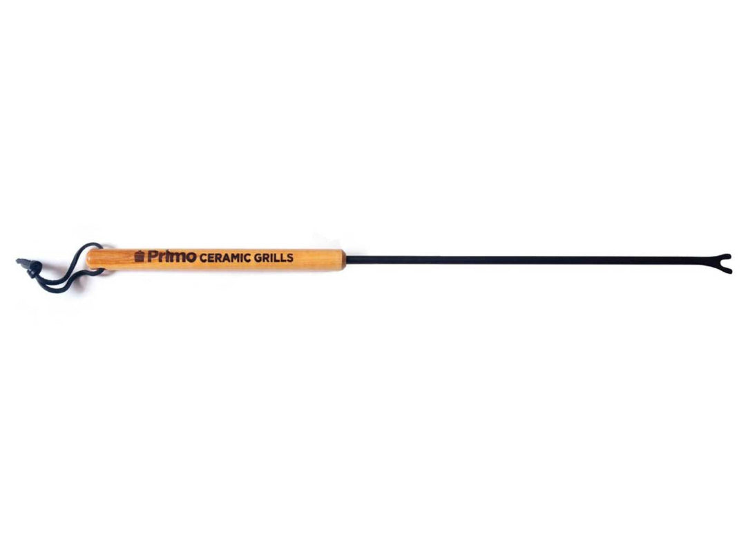 Primo ceramic kamado grill grate lifter with bamboo handle, black steel shaft, forked tip and leather hanging loop
