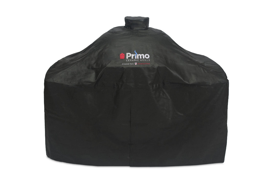 Primo PR417 black heavy-duty weather-resistant outdoor grill cover with chimney collar and Primo Ceramic Grills logo for oval kamado grills