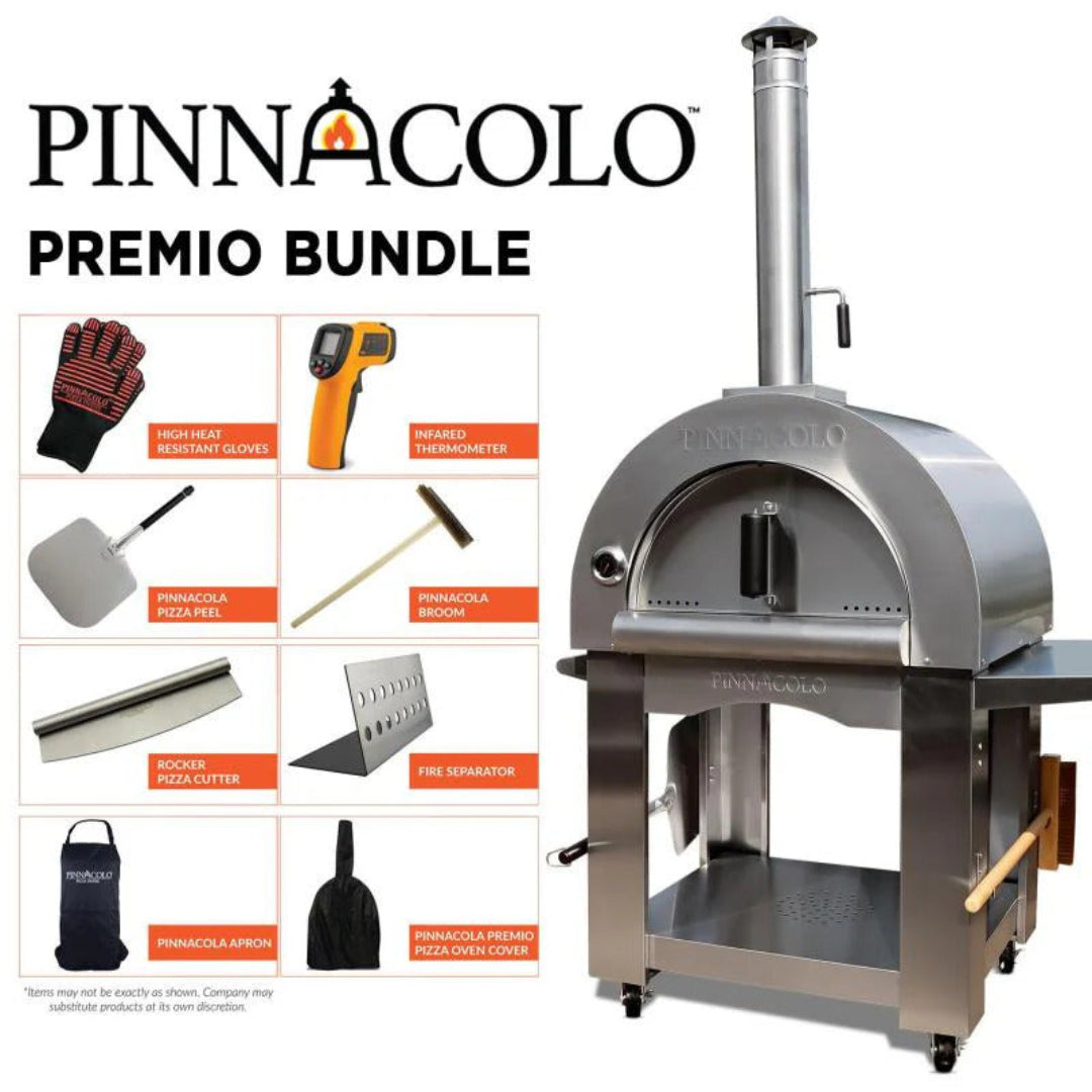 Pinnacolo Premio PPO-1-02 portable stainless steel outdoor pizza oven on cart with chimney, Premio bundle including pizza peel, high-heat gloves, infrared thermometer, broom, rocker pizza cutter, fire separator, apron and oven cover