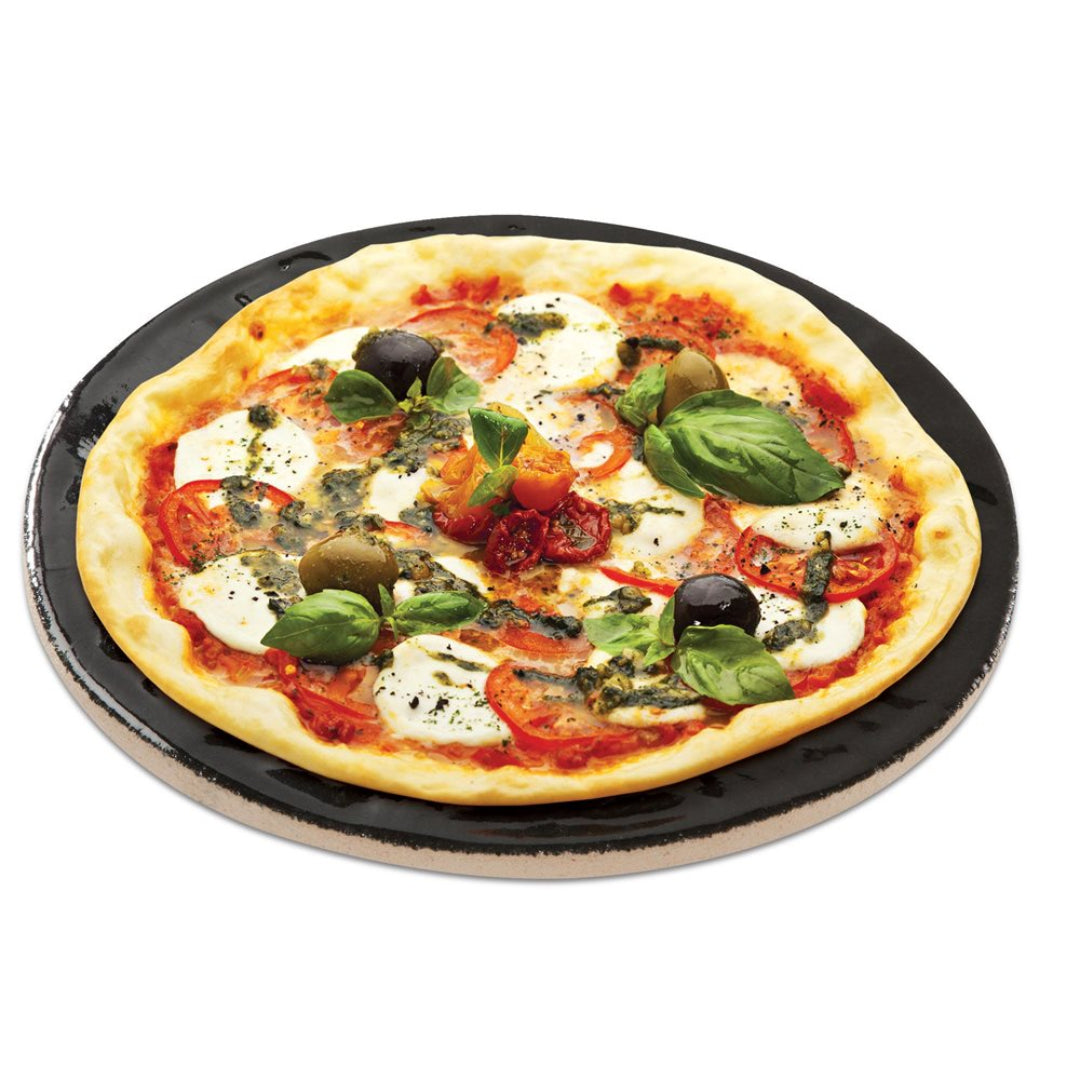Primo 13-inch glazed ceramic pizza baking stone (black) with Margherita pizza — ceramic pizza oven accessory for crispy crust in wood-fired and home ovens