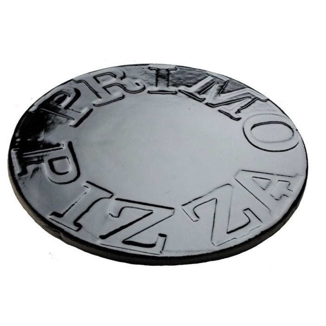 Primo 15-inch glazed ceramic pizza baking stone, round black disc embossed "PRIMO PIZZA" for kamado grills and pizza ovens