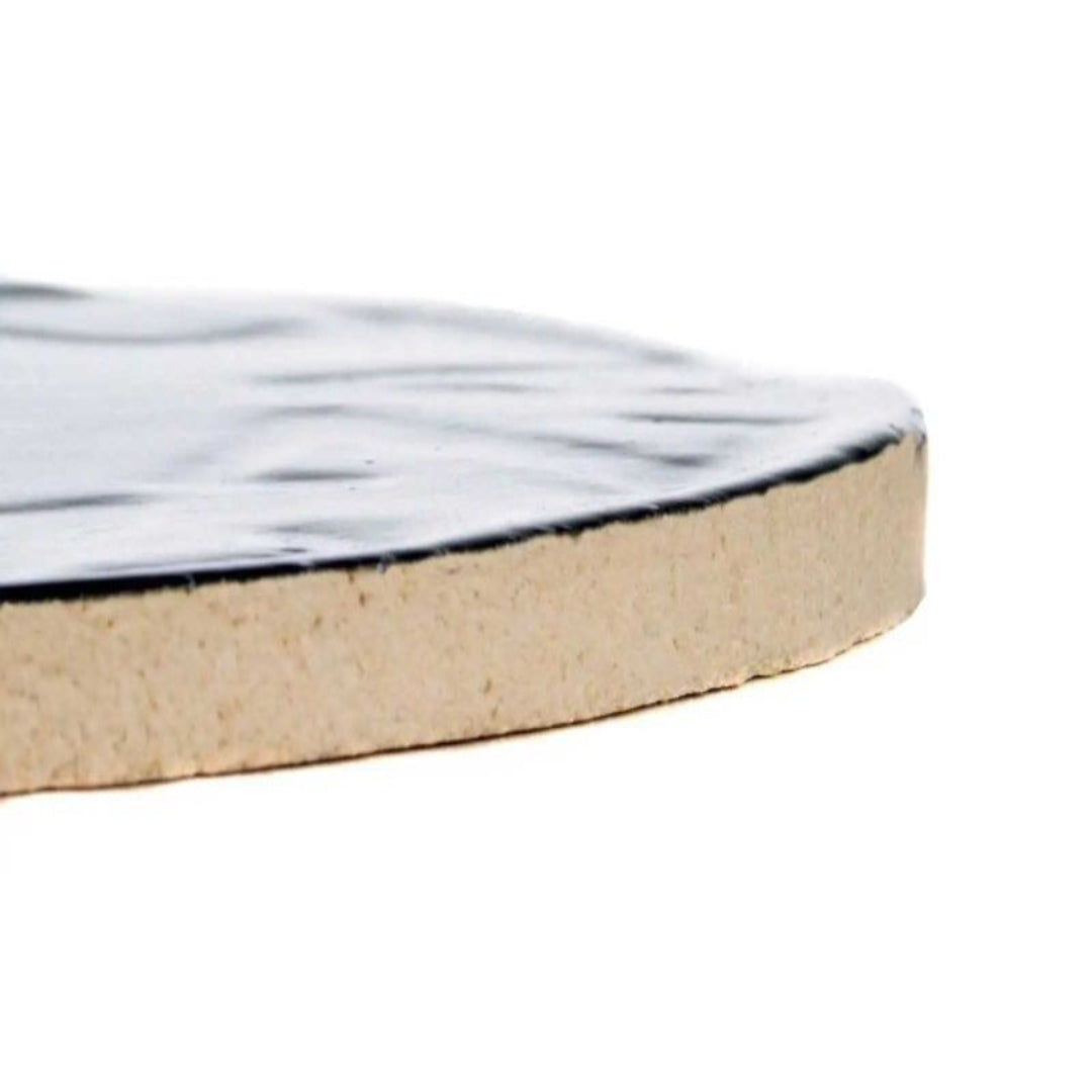 Primo 15-inch glazed ceramic pizza baking stone with black glazed top and natural ceramic underside, round pizza stone for ovens and grills