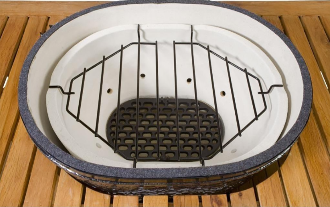 Replacement Primo LG300 heat deflector rack and drip pan insert for oval kamado grill steel grid over perforated drip tray