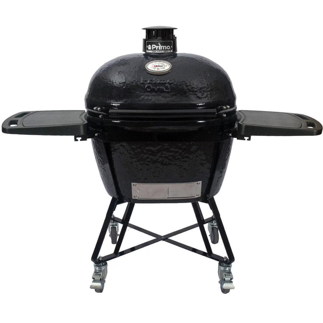 Primo XL ceramic kamado charcoal grill with folding side shelves, built-in dome thermometer and top vent on wheeled cart, black outdoor smoker for backyard grilling