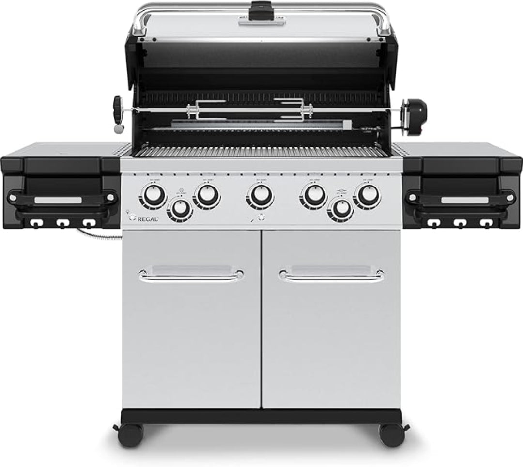 Regal S 590 Pro 6-burner stainless steel gas grill on wheeled cart with rotisserie rod, dual side burners and folding shelves, double-door storage cabinet