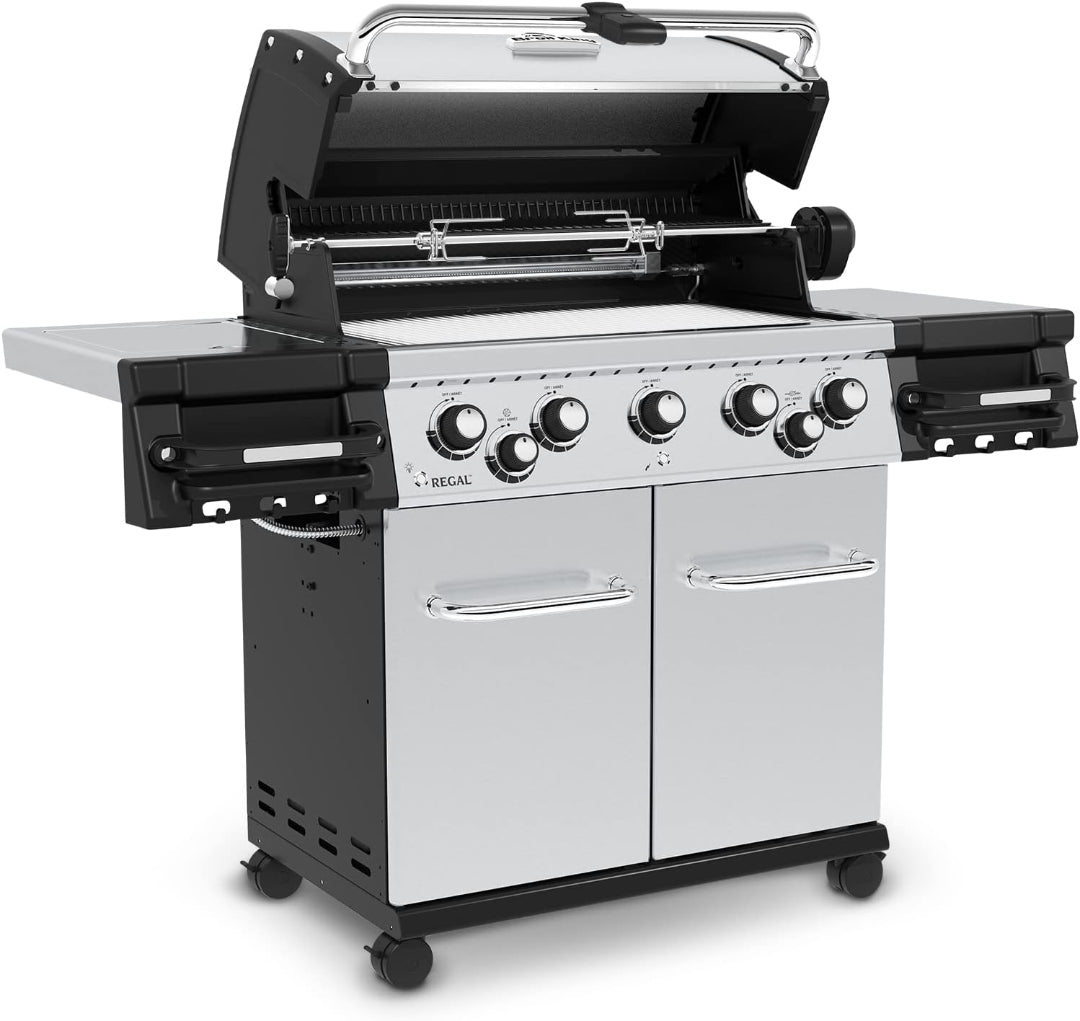 Regal S-590 Pro 5-burner stainless steel propane gas grill with rotisserie and warming rack, side burner, folding side shelves and double-door storage cart