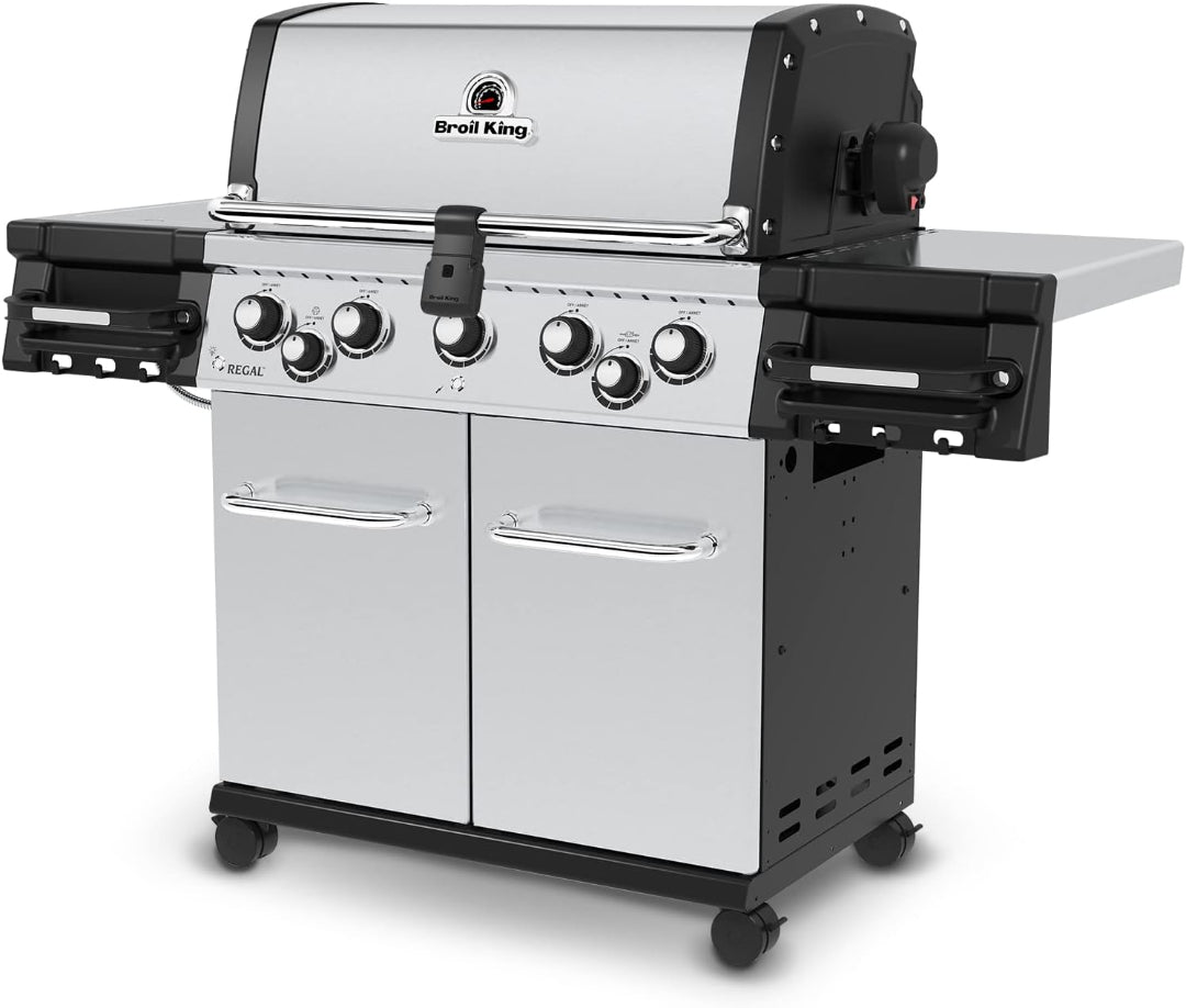 Broil King Regal S 590 Pro 5-burner stainless steel propane gas grill with side burner, built-in lid thermometer, front control knobs, double-door storage cabinet, side shelves and caster cart for outdoor BBQ