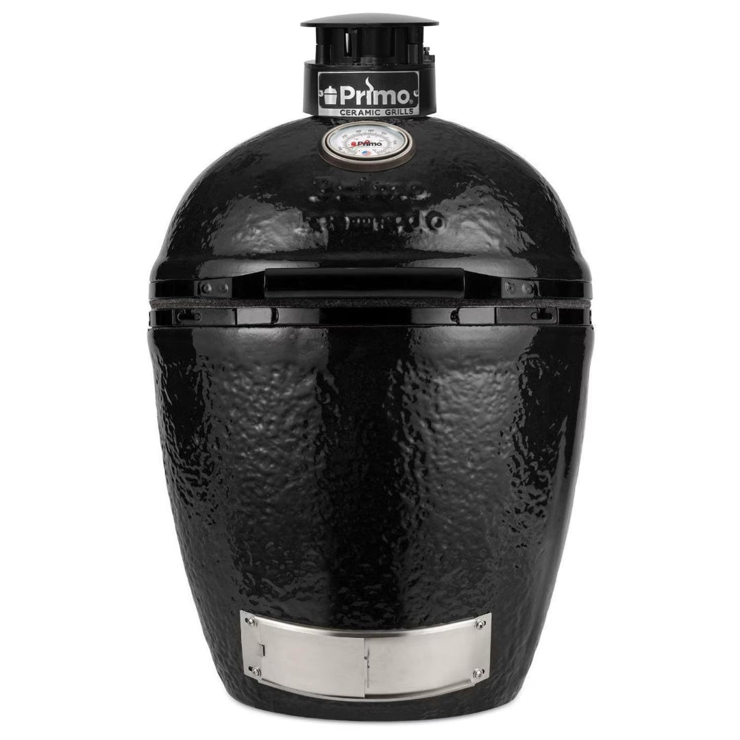 Primo black ceramic kamado grill with top vent and built-in dome thermometer — compact round kamado-style ceramic charcoal smoker for backyard grilling, smoking, searing and roasting