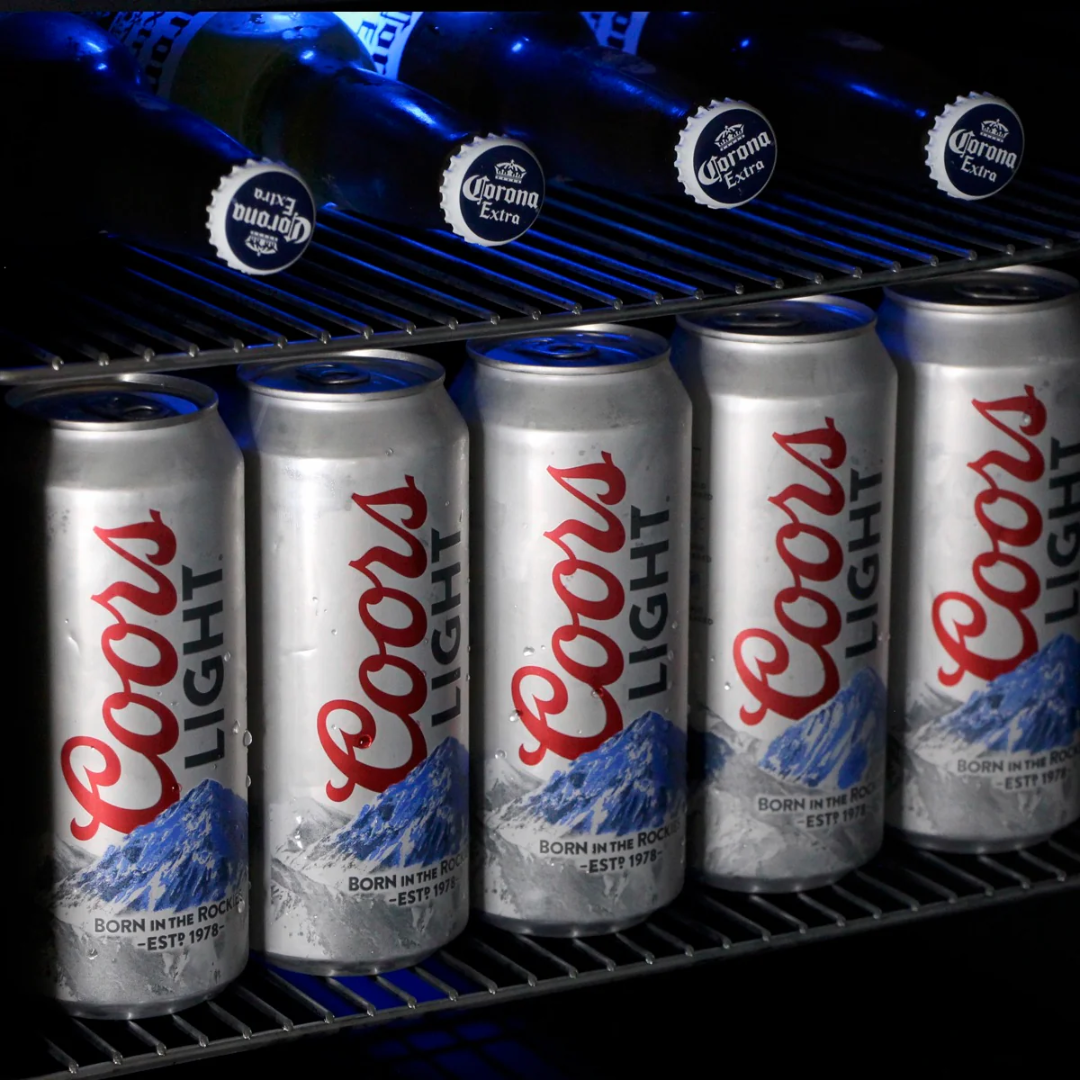 Adjustable chrome wire shelf for beverage refrigerator holding tall Coors Light cans and Corona bottles, Vine & Flame replacement beer and wine cooler shelving