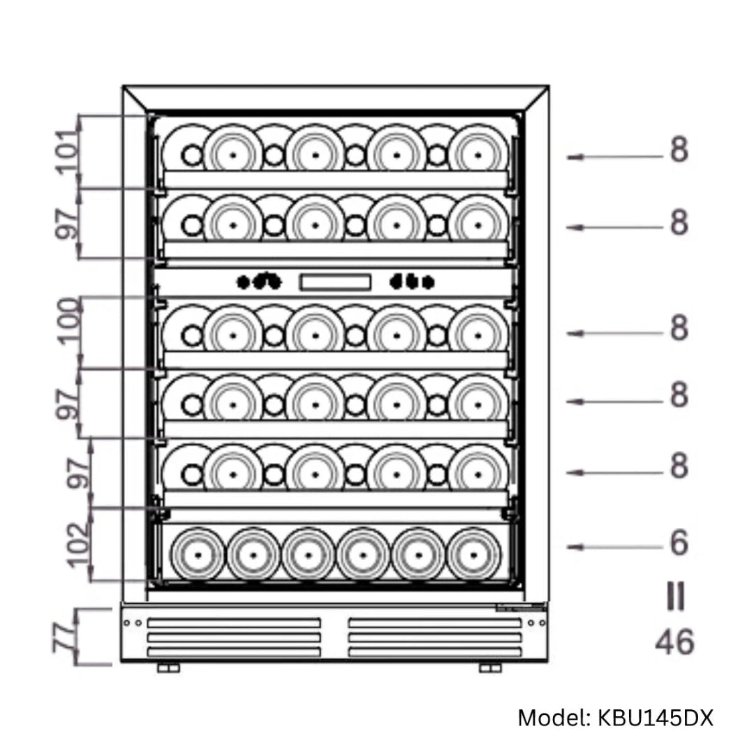 KBU145DX built-in undercounter wine cooler schematic front view showing 46-bottle layout with five 8-bottle shelves and one 6-bottle bottom shelf and shelf spacing dimensions