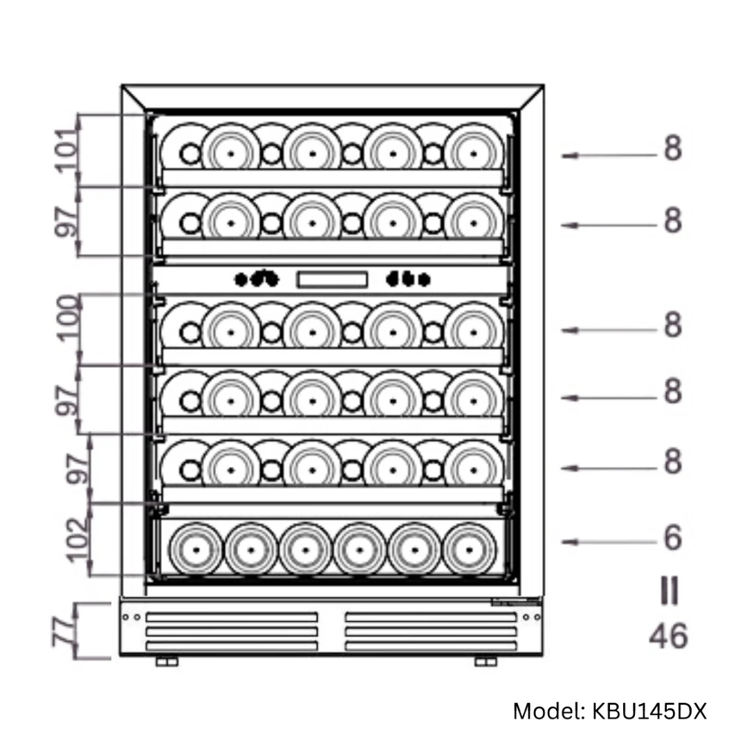 KBU145DX 46-bottle built‑in wine cooler front schematic showing six adjustable sliding shelves (five 8‑bottle shelves, one 6‑bottle shelf) with center digital control panel