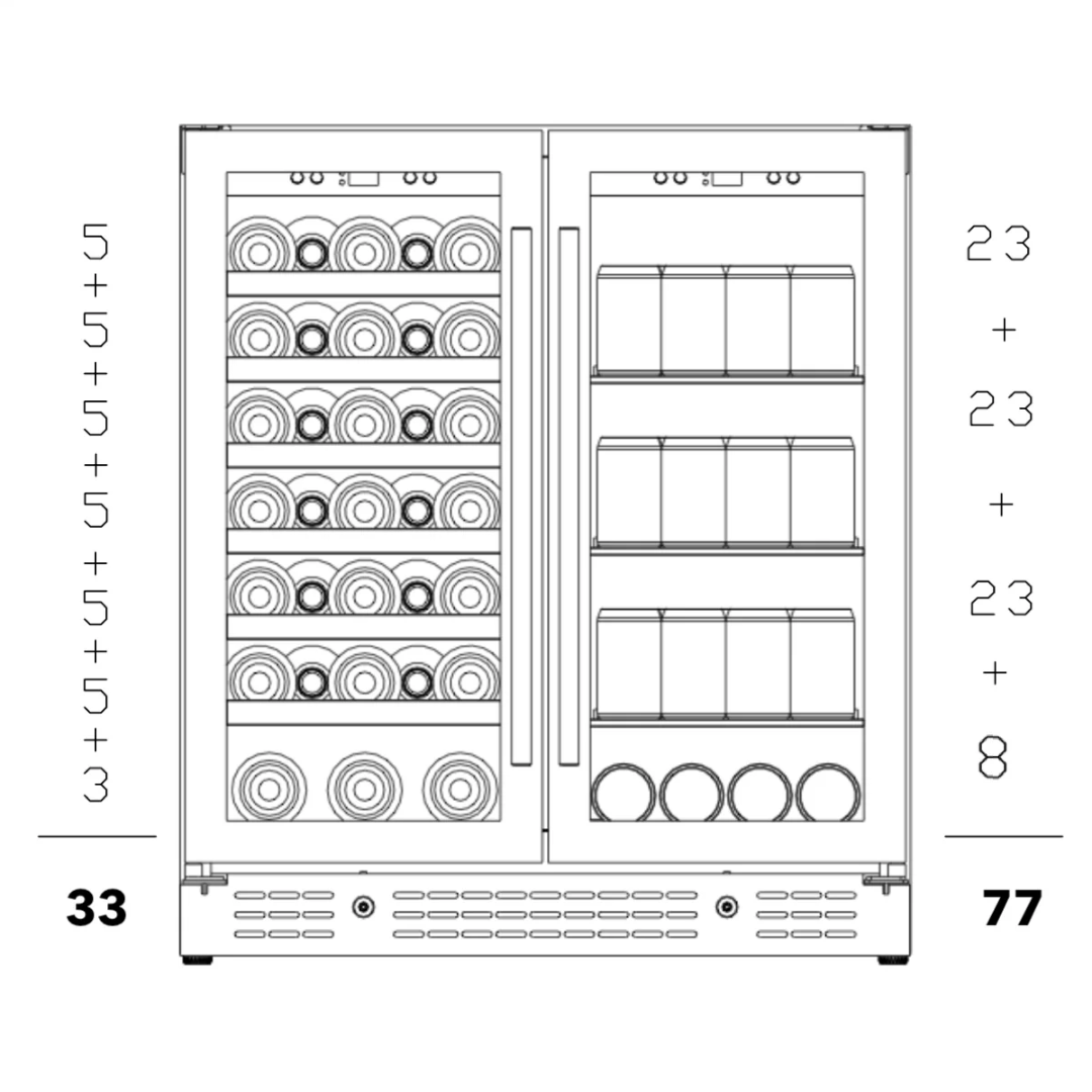 KBU165BW dual-zone built-in undercounter wine and beverage refrigerator with 33-bottle left wine racks and 77-can right beverage shelves, dual glass doors and vertical handles for kitchen or home bar