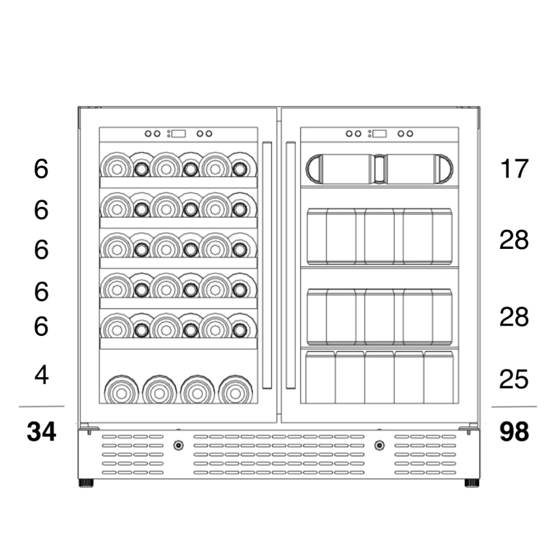 KBU190BW dual-zone built-in undercounter wine and beverage refrigerator, left 34-bottle horizontal wine racks and right 98-can beverage shelves, dual doors with vertical handles, front vent and digital display