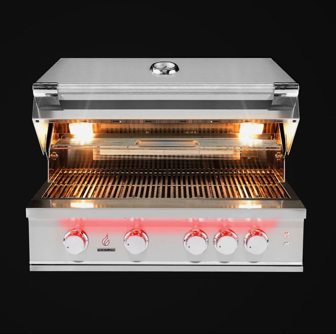 TrueFlame TF32-LP 32-inch stainless steel 4-burner built-in propane gas grill for outdoor kitchen with open hood, interior lights, warming rack and LED-illuminated control knobs