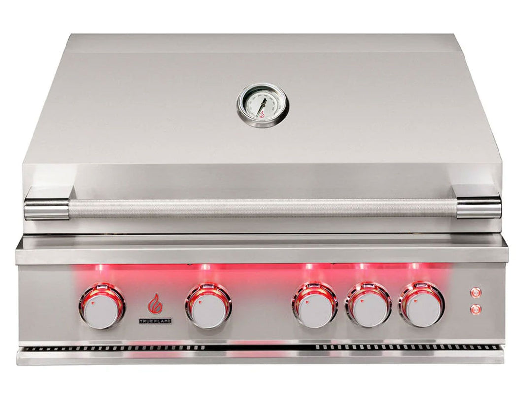 TrueFlame TF32-LP 32-inch built-in 4-burner stainless steel propane gas grill with integrated lid thermometer and red LED-illuminated control knobs