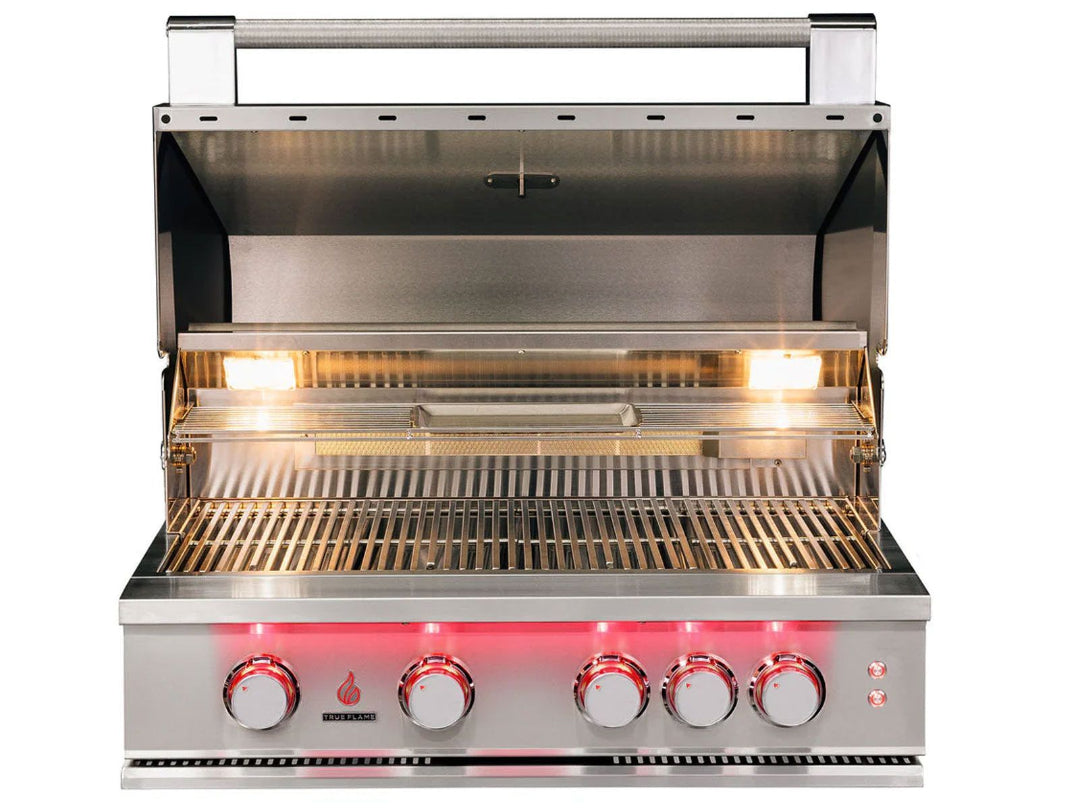 TrueFlame 32-inch stainless steel 4-burner built-in propane gas grill TF32-LP with interior lights and warming rack