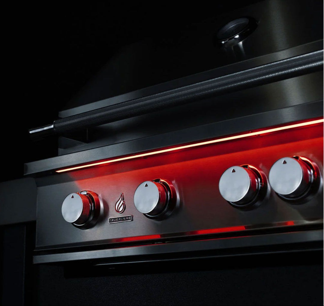 TrueFlame TF32-LP built-in propane gas grill control panel, brushed stainless steel with four chrome knobs and red LED accent lighting for outdoor kitchen