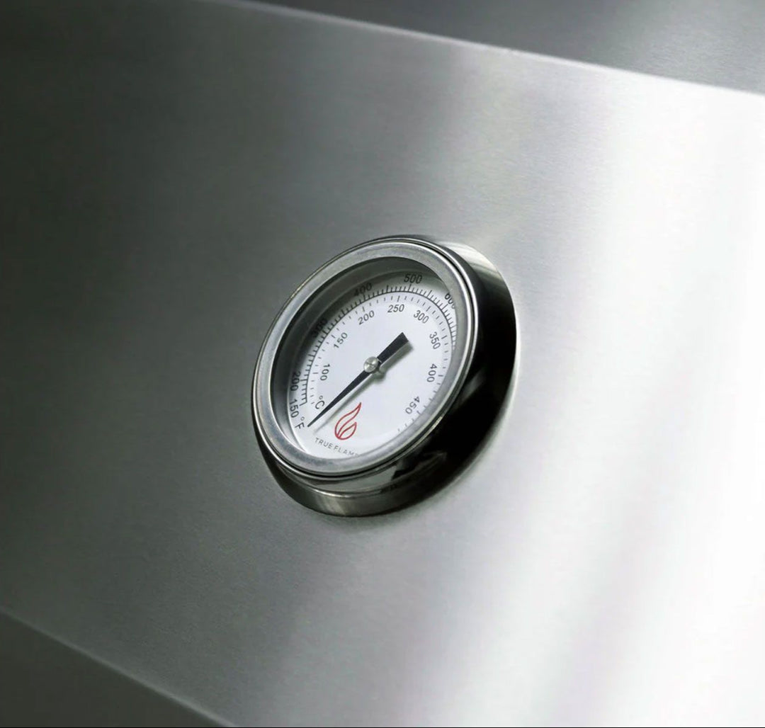 TrueFlame TF32-NG16 32-inch built-in 4-burner natural gas grill stainless steel hood temperature gauge close-up