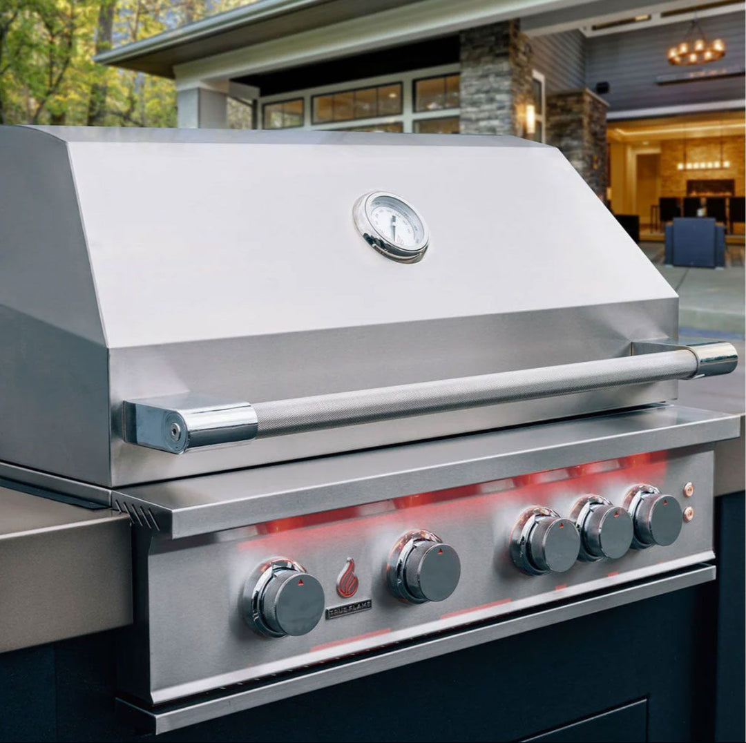 TrueFlame TF32-NG2 32-inch 4-burner built-in natural gas stainless steel grill with hood thermometer, knurled handle and red backlit control knobs for outdoor kitchen