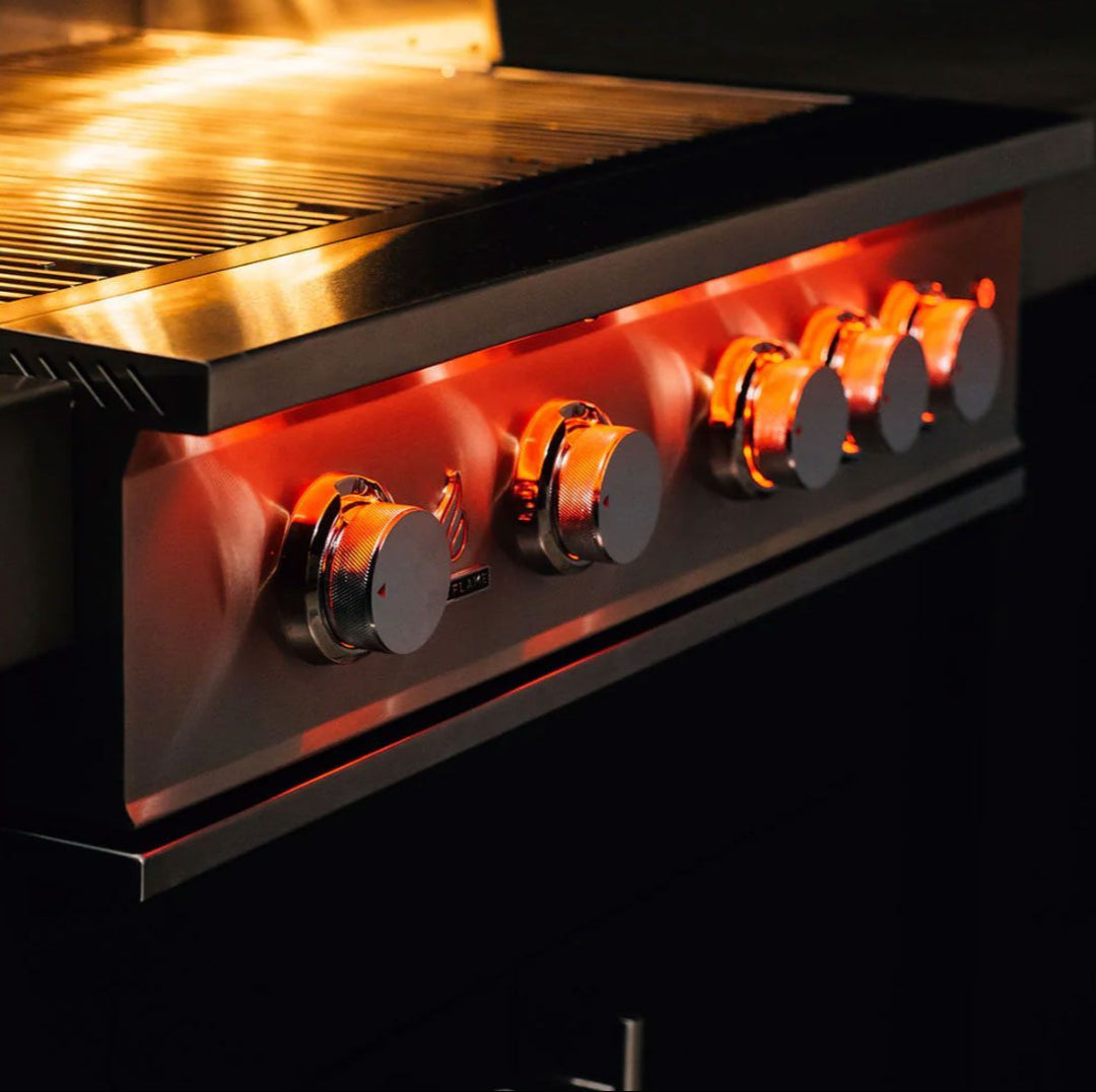 TrueFlame TF32-NG 32-inch 4-burner built-in natural gas grill with illuminated red control knobs and stainless steel cooking grates for outdoor kitchen