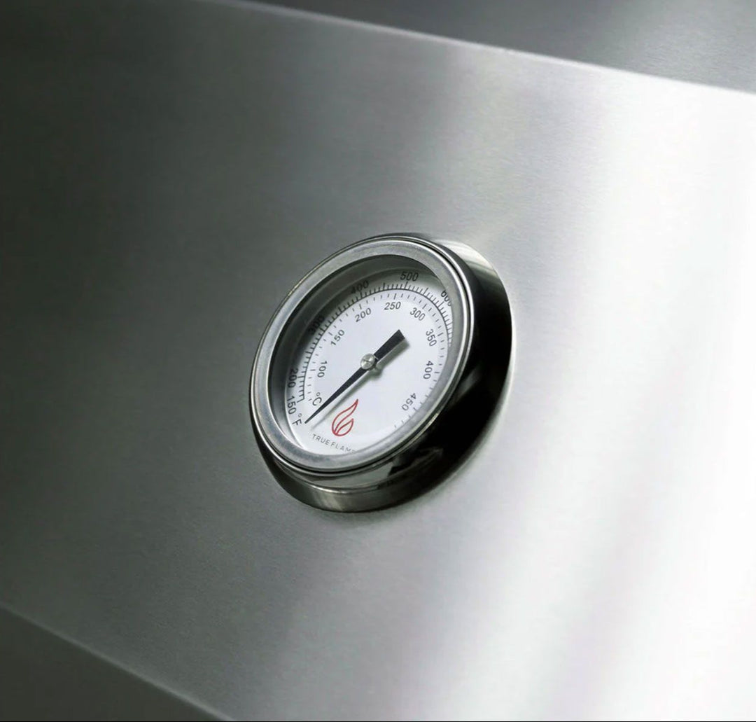 TrueFlame TF40-NG 40-inch 5-burner built-in natural gas grill stainless steel lid temperature gauge close-up