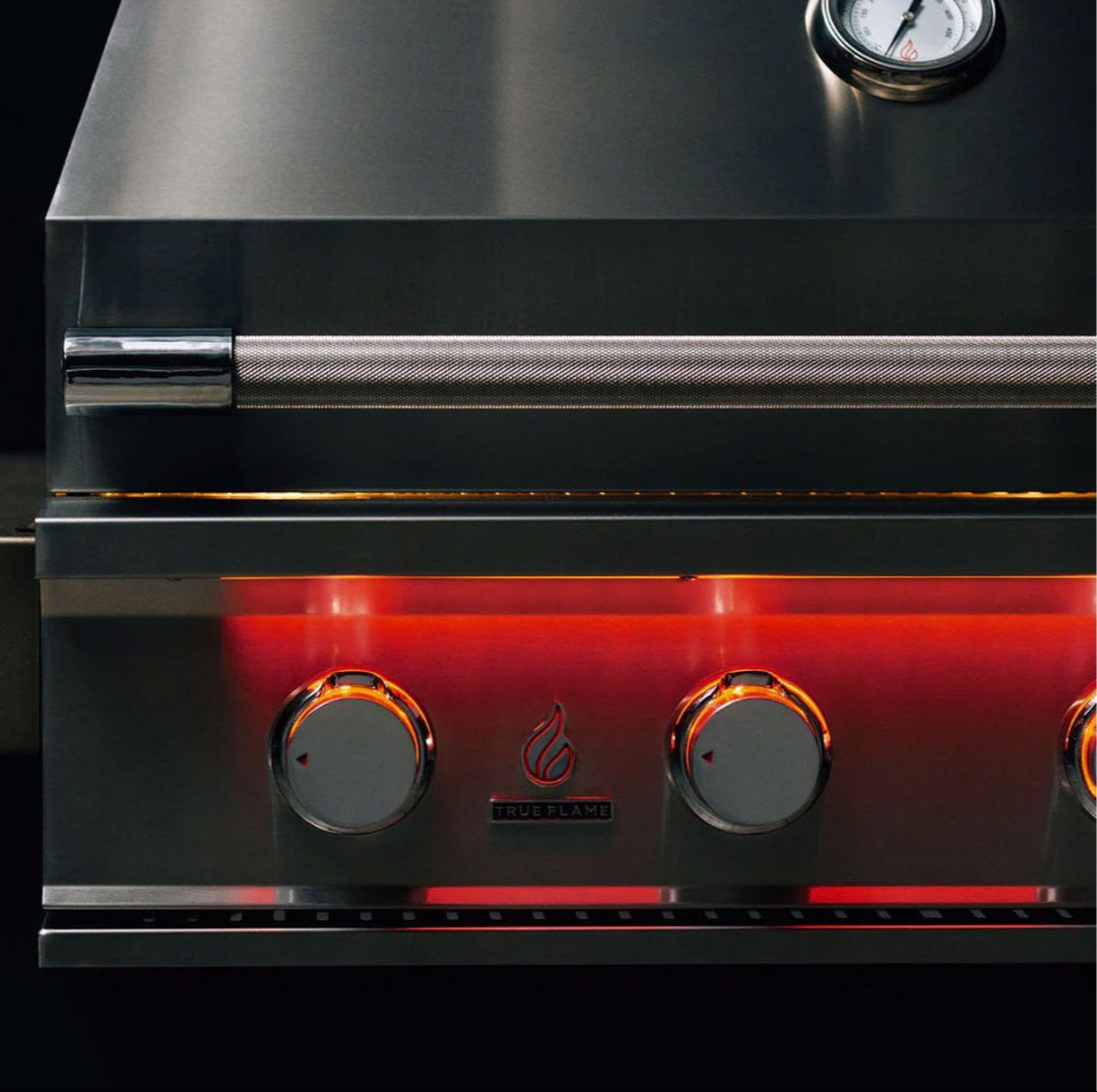TrueFlame TF40-NG 40-inch 5-burner built-in natural gas grill stainless steel front control panel with red LED backlit knobs, knurled handle and lid thermometer