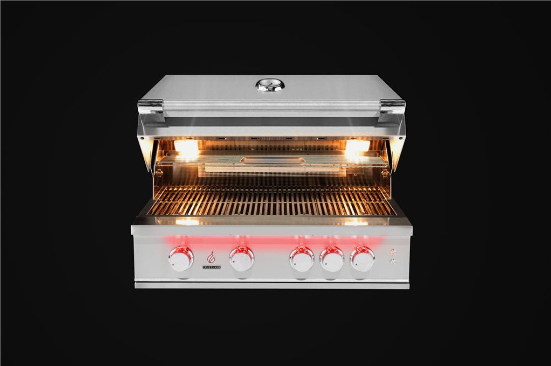  TrueFlame TF40-LP 40-inch 5-burner built-in stainless steel propane gas grill with hood open, interior lights on and five illuminated control knobs for outdoor kitchen