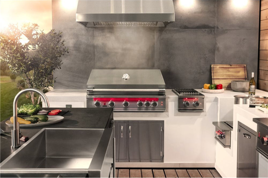 TrueFlame TF40-LP 40-inch 5-burner stainless steel built-in propane gas grill in outdoor kitchen island with stainless hood, sear side burner and under-grill storage — vineandflame.com