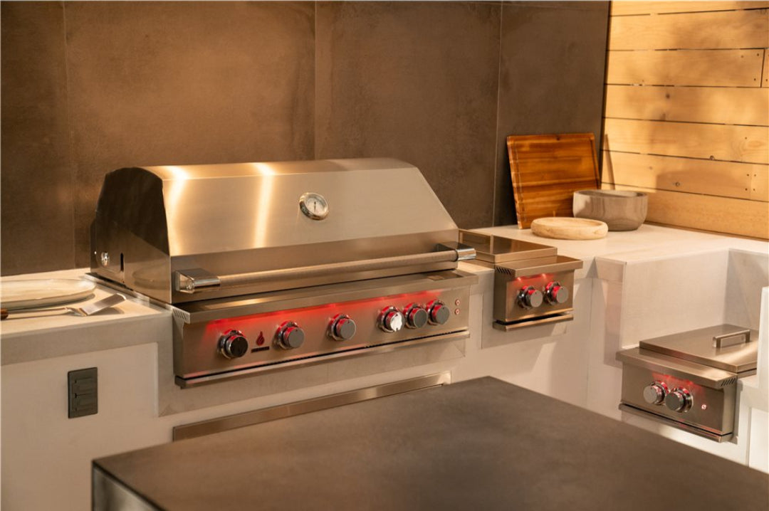 TrueFlame TF40-LP 40-inch 5-burner built-in propane stainless steel gas grill with hood thermometer and red LED control knobs installed in outdoor kitchen